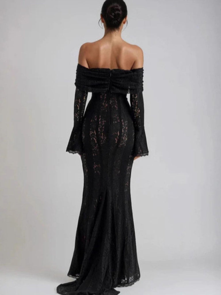 Robe sirène maxi en dentelle à épaules dénudées et manches évasées années 1930