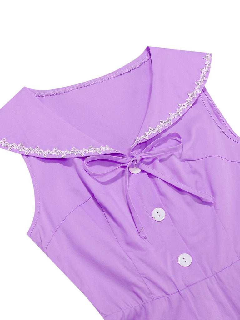 Robe sans manches col marin et nœud papillon couleur unie années 1950