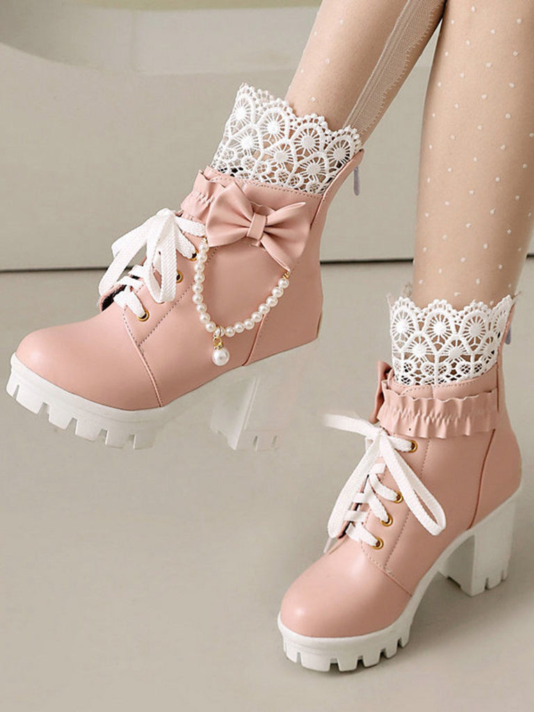 Bottes À Talons Épais Dentelle Perles Nœud Vintage
