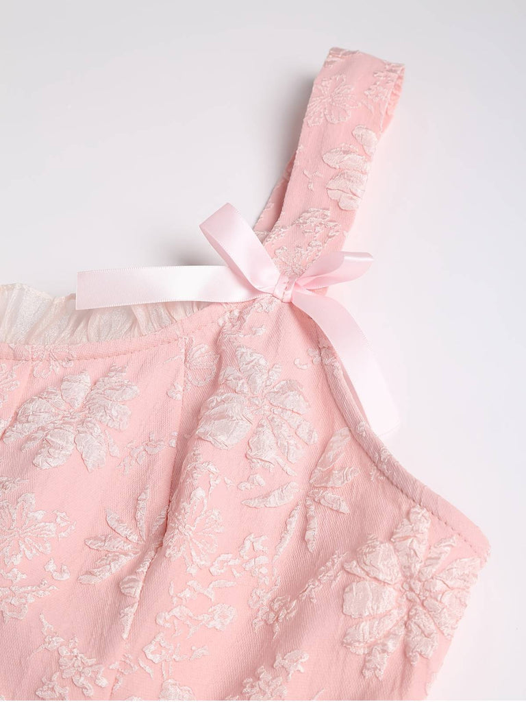 [Prévente] [Grande taille] Robe rose à fleurs en relief avec nœud papillon années 1940