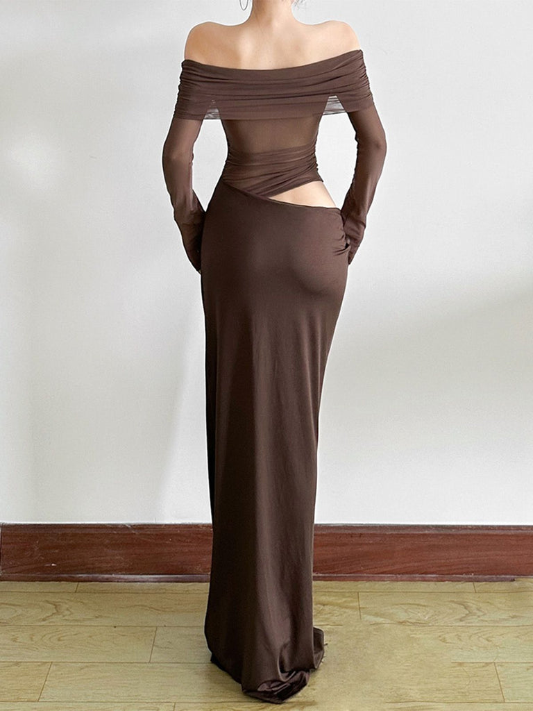 Robe transparente unie à épaules dénudées en résille ajourée années 1980