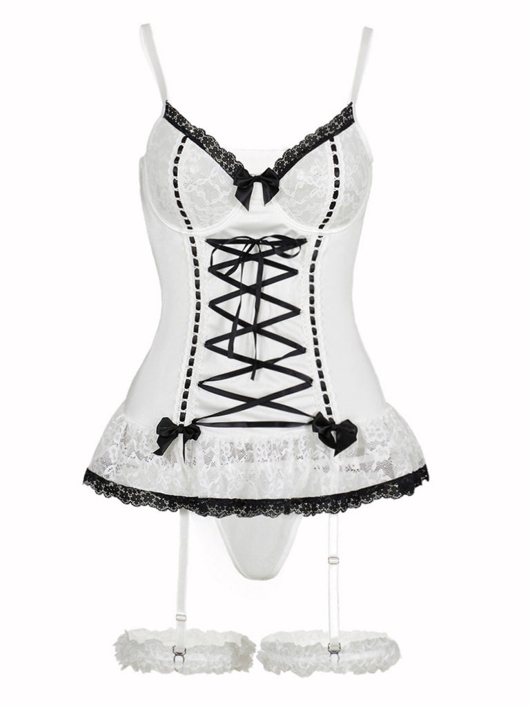 Ensemble de lingerie lacets et nœud en dentelle contrastée années 1970