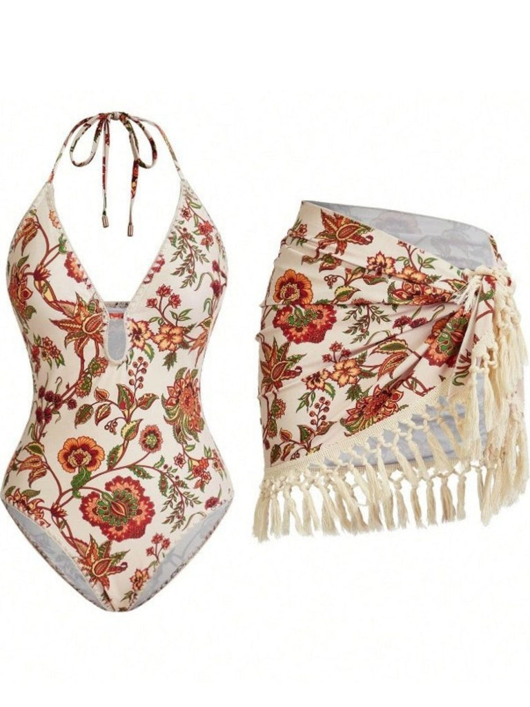 2PCS Maillot de bain et paréo à franges et décolleté en V profond années 1960