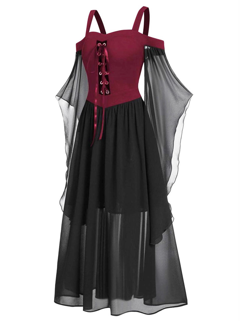 Robe à bretelles rouge manches transparentes Halloween des années 1950