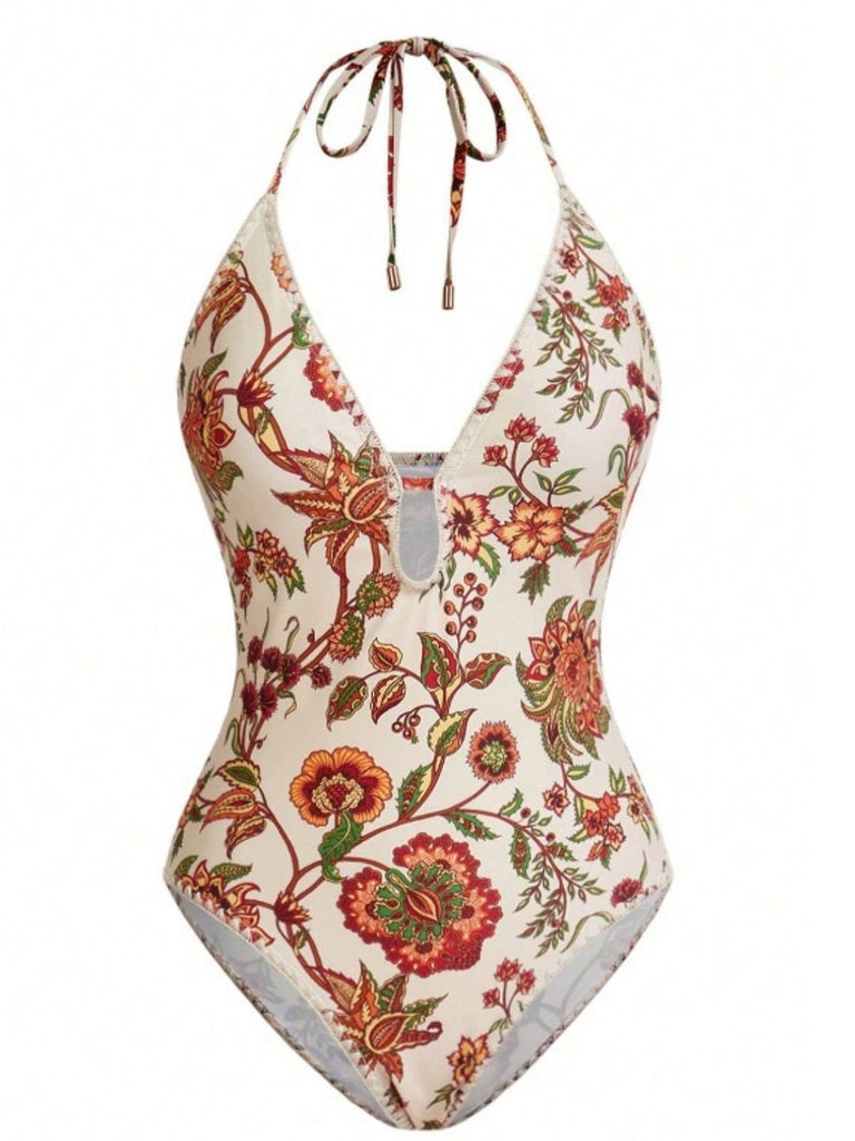 2PCS Maillot de bain et paréo à franges et décolleté en V profond années 1960