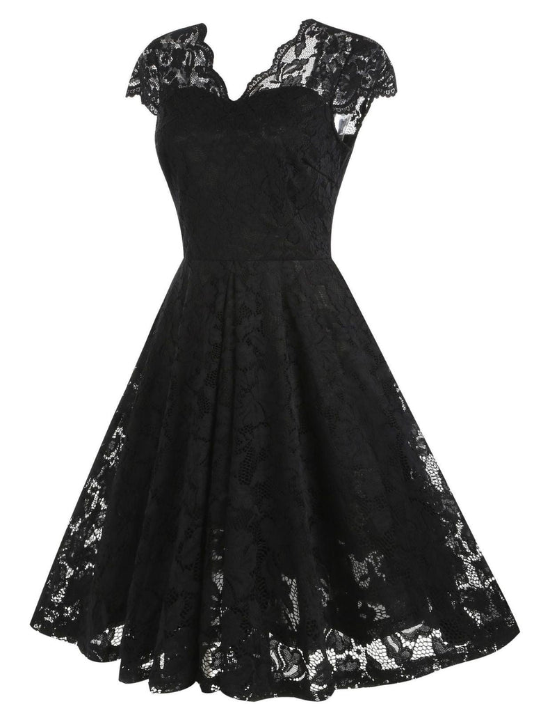Robe en dentelle unie à col en V et sans manches années 1950