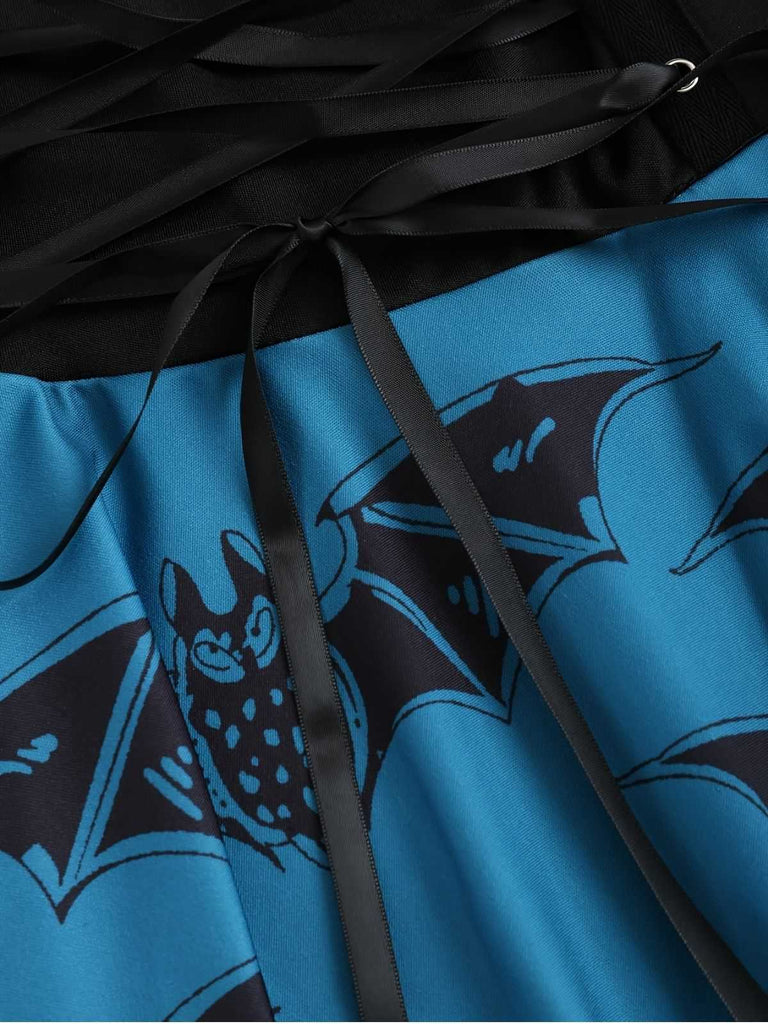 [Grande taille] Robe bleue à lacets chauve-souris Halloween années 1950