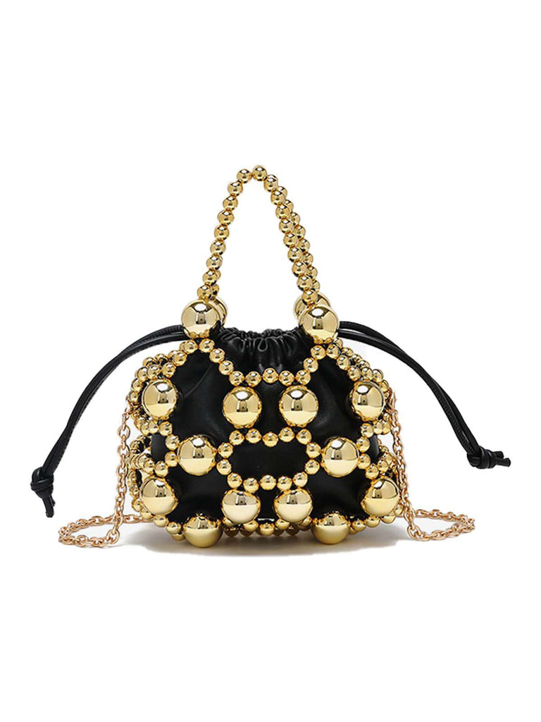 Mini sac seau à cordon de serrage et perles métalliques