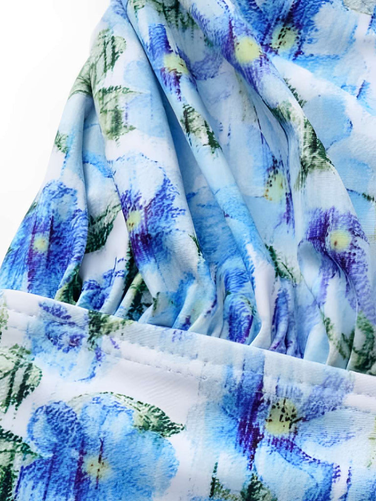Maillot de bain dos nu creux bleu imprimé floral 3D roses années 1930