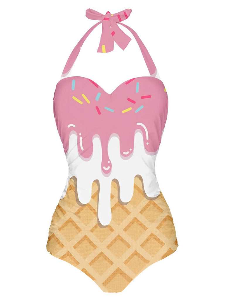 Maillot de bain dos nu rose à motif glace des années 1970