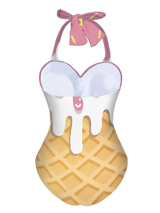 Maillot de bain dos nu rose à motif glace des années 1970