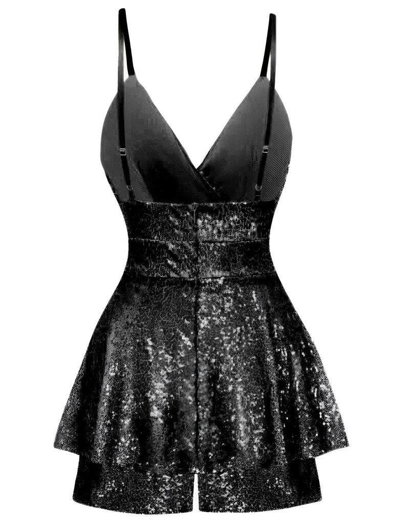 Combishort-culotte à bretelles et col en V à paillettes des années 1960