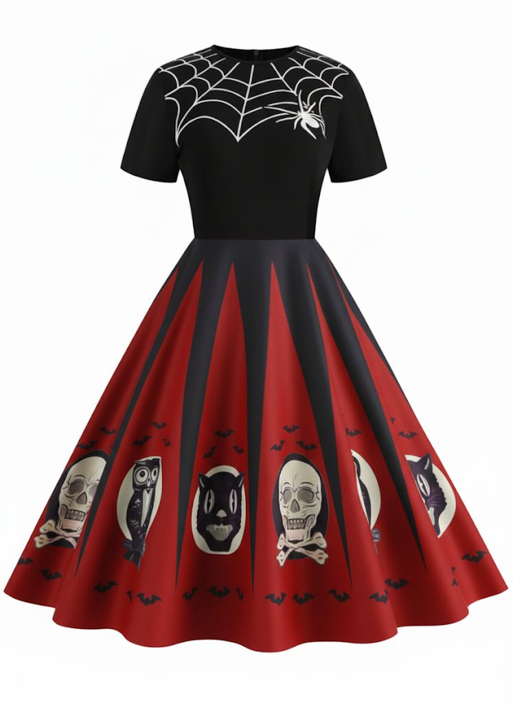 [Prévente] Robe patchwork imprimé toile d'araignée rouge pour Halloween des années 1950