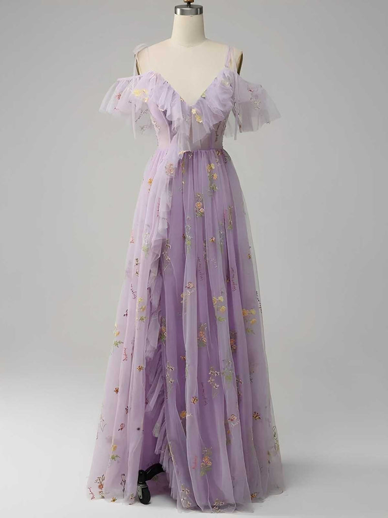 Robe fendue en tulle brodé de fleurs années 1970