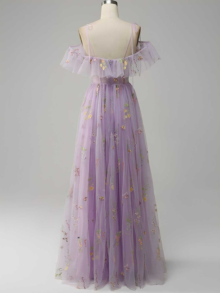Robe fendue en tulle brodé de fleurs années 1970