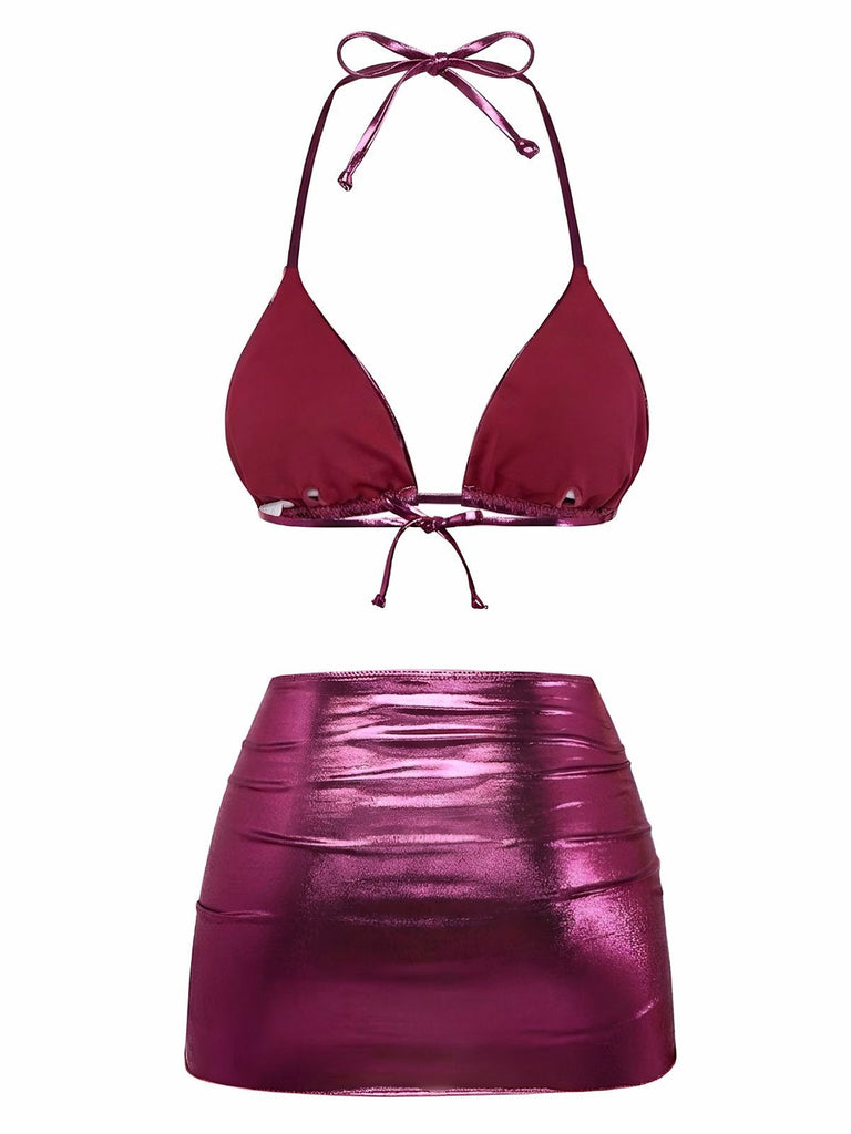 Ensemble bikini métallisé uni à bretelles années 1970