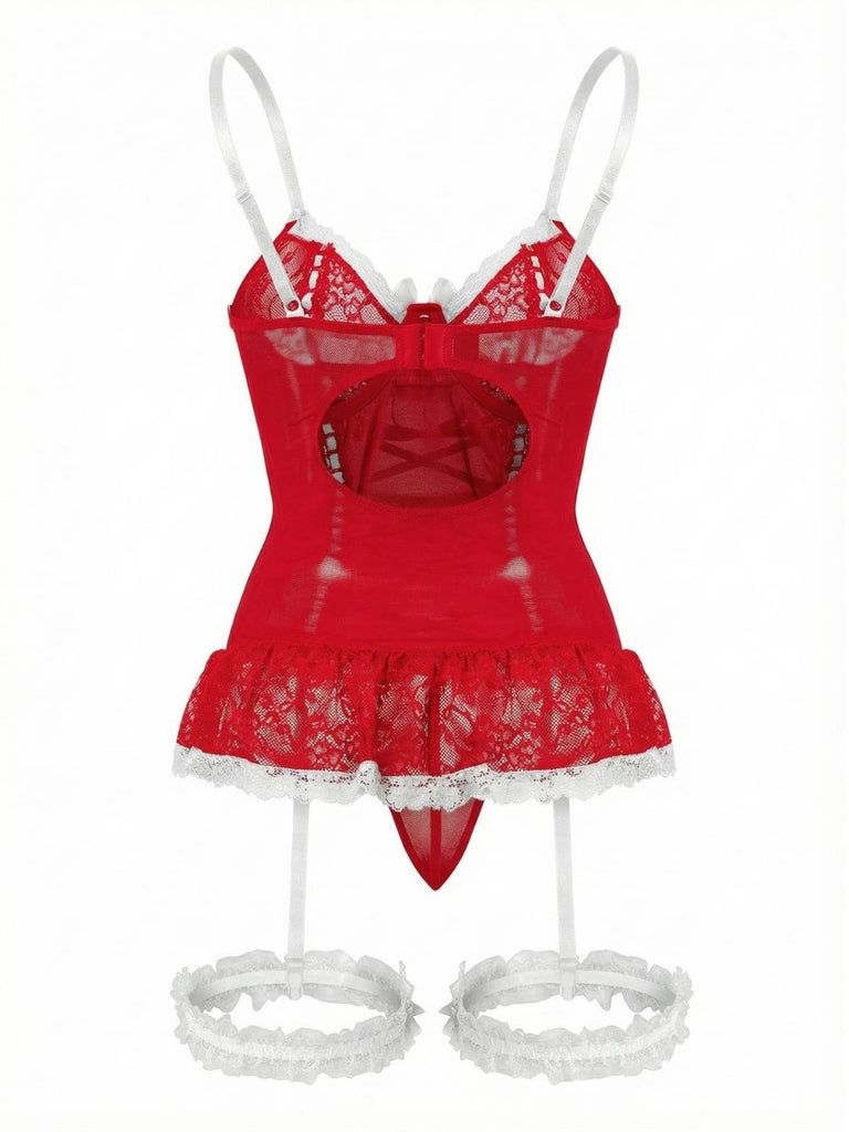 Ensemble de lingerie lacets et nœud en dentelle contrastée années 1970