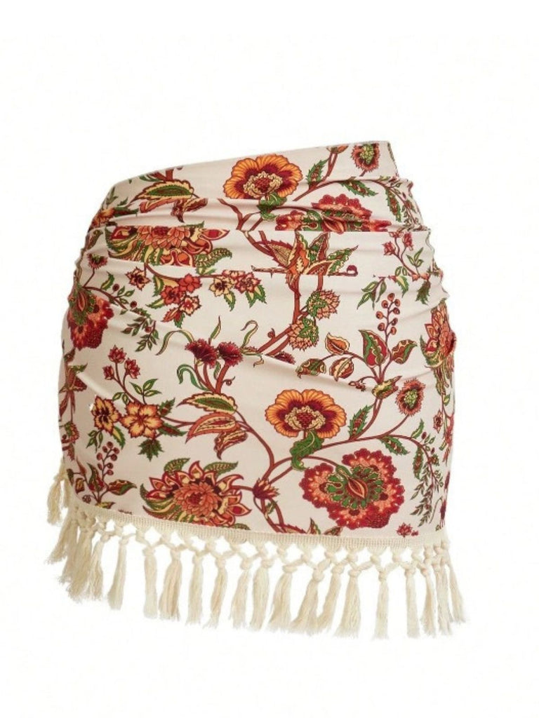 2PCS Maillot de bain et paréo à franges et décolleté en V profond années 1960