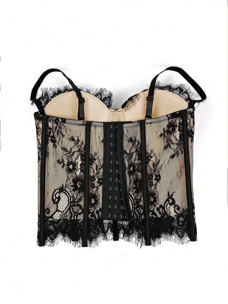 Haut court Corset steampunk noir en dentelle bretelles années 1980