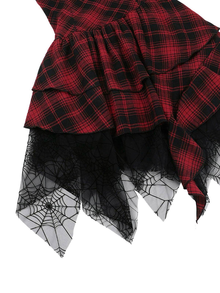 Robe bustier rouge en maille tartan des années 1970