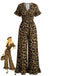 Brown 1930s Leopard Ruffled V-Neck Empire Waist Jumpsuit - vintage jumpsuit, retro fashion