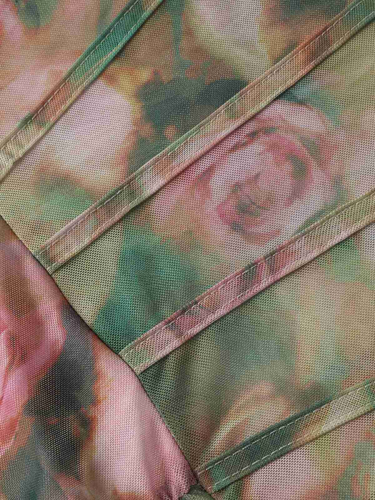 1930s Rose Print Fishbone Ruched Slit Dress