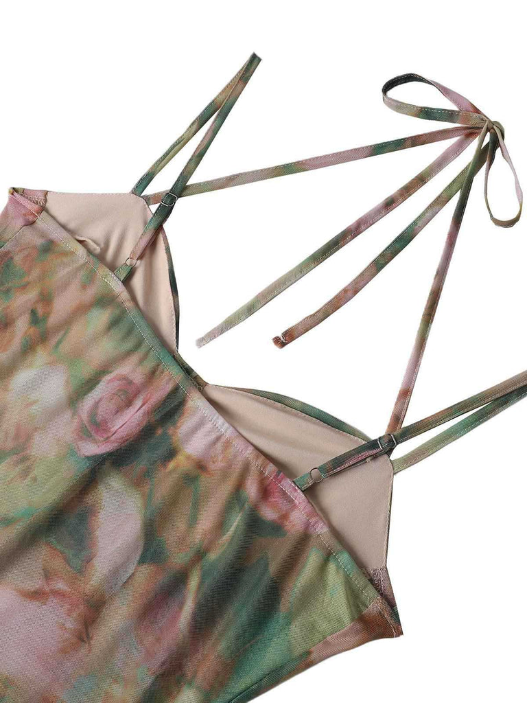 1930s Rose Print Fishbone Ruched Slit Dress