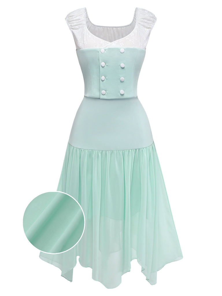 Ensemble 2 Pièces Haut en Dentelle Manches Courtes & Jupe Asymétrique Vert Années 1930