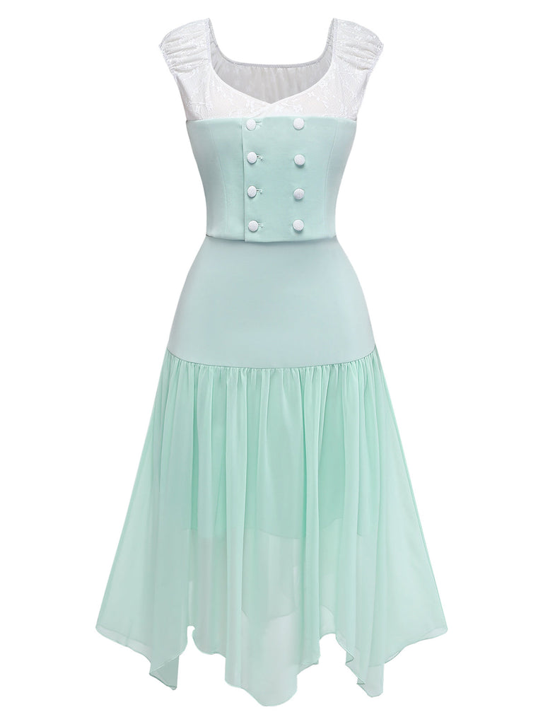 Ensemble 2 Pièces Haut en Dentelle Manches Courtes & Jupe Asymétrique Vert Années 1930