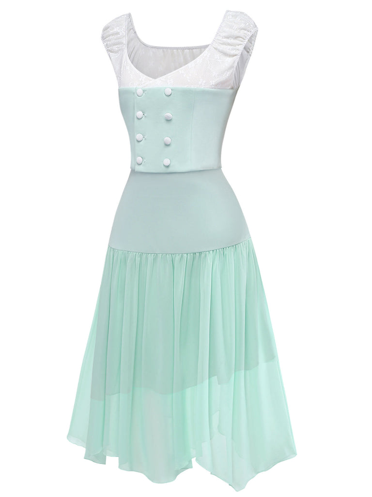 Ensemble 2 Pièces Haut en Dentelle Manches Courtes & Jupe Asymétrique Vert Années 1930