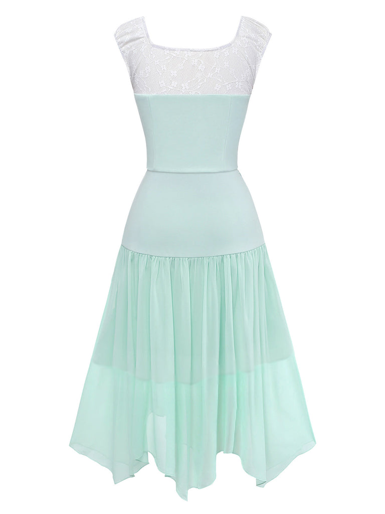 Ensemble 2 Pièces Haut en Dentelle Manches Courtes & Jupe Asymétrique Vert Années 1930