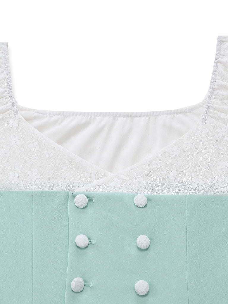 Ensemble 2 Pièces Haut en Dentelle Manches Courtes & Jupe Asymétrique Vert Années 1930