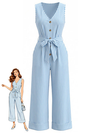 Combinaison Sans Manches Col V Rayures Verticales avec Ceinture Bleu Années 30