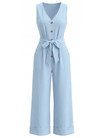 Combinaison Sans Manches Col V Rayures Verticales avec Ceinture Bleu Années 30