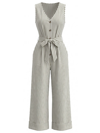 Combinaison Sans Manches Col V Rayures Verticales avec Ceinture Bleu Années 30