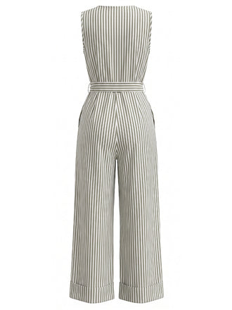Combinaison Sans Manches Col V Rayures Verticales avec Ceinture Bleu Années 30