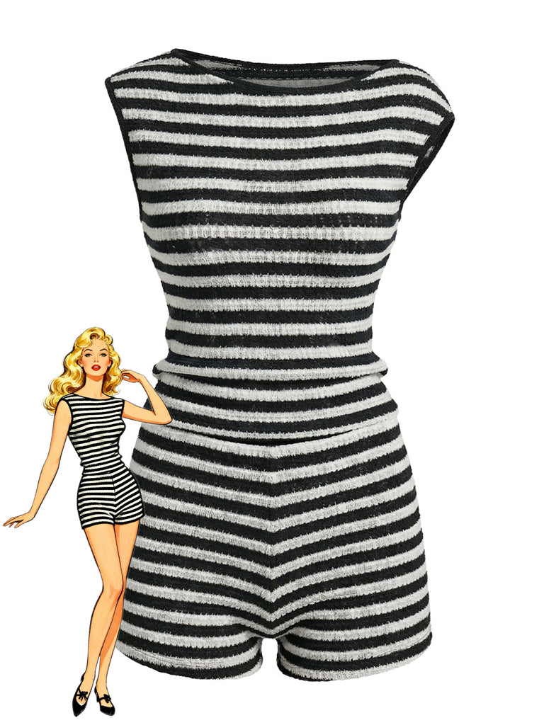 Ensemble 2 Pièces Haut Sans Manches Rayé & Short Taille Haute Noir Années 1940