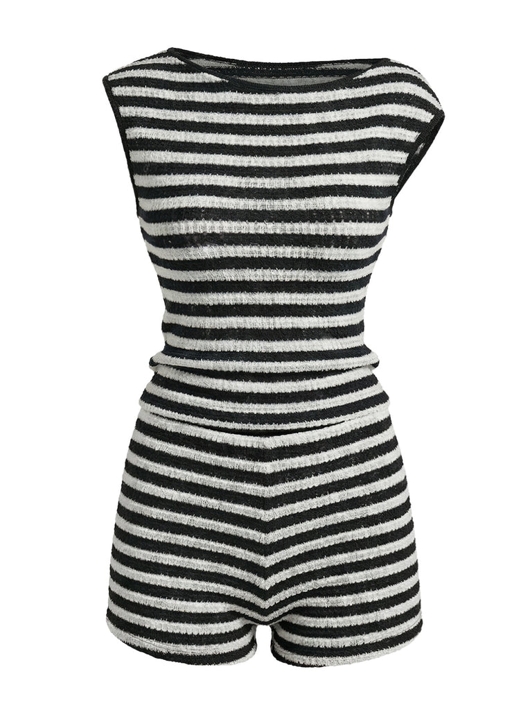 Ensemble 2 Pièces Haut Sans Manches Rayé & Short Taille Haute Noir Années 1940