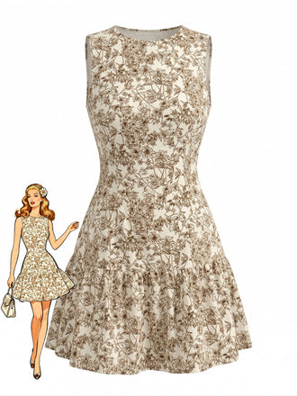 Robe en A Sans Manches Col Rond Petites Fleurs Années 1950