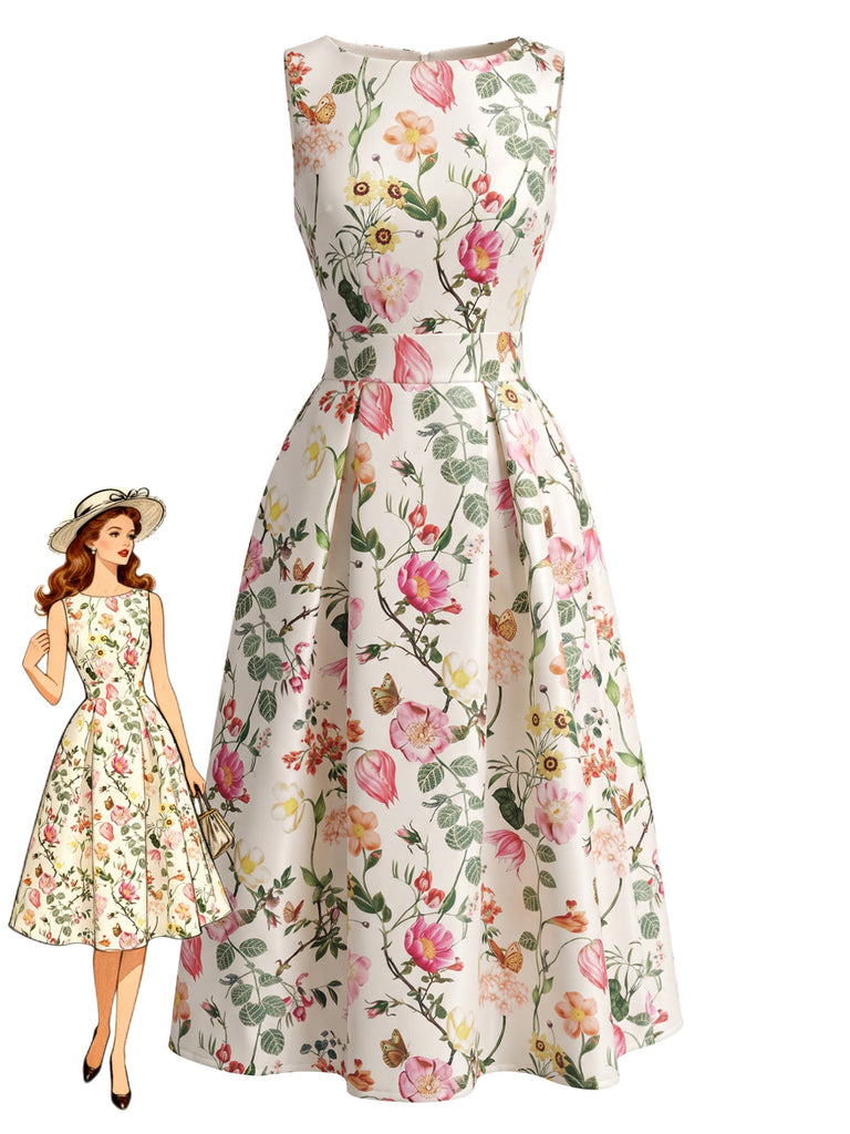 Robe en A Florale Col Bateau Sans Manches Imprimée Années 1940