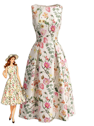 Robe en A Florale Col Bateau Sans Manches Imprimée Années 1940