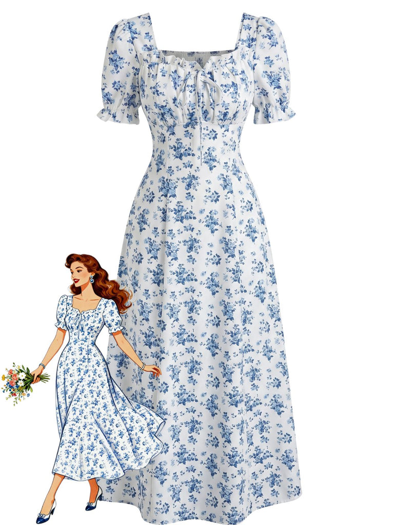Florale Manches Bouffantes Midi Robe Années 1940