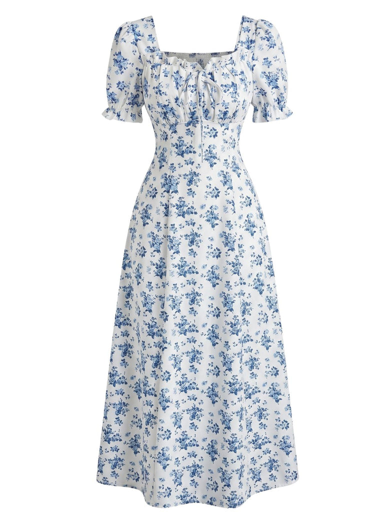 Florale Manches Bouffantes Midi Robe Années 1940 2