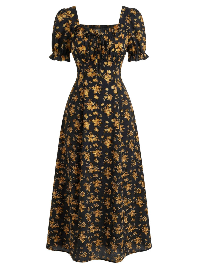 Florale Manches Bouffantes Midi Robe Années 1940 6