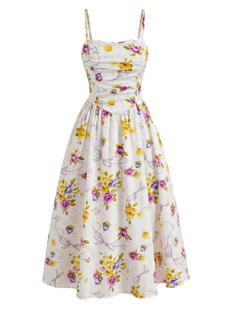 Florale Froncé Caraco Midi Robe Années 1940 4