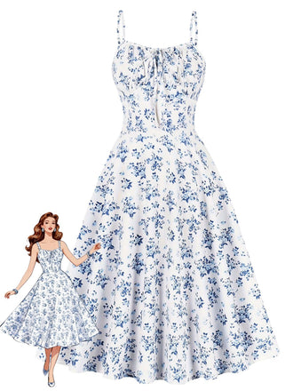 Robe Évasée Florale Sans Manches Bretelles Fines Années 1940