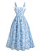 Robe Évasée Col Carré Nuit Étoilée à Nœud Bleue Années 1940 4