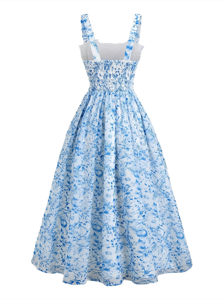 Robe Évasée Col Carré Nuit Étoilée à Nœud Bleue Années 1940 5