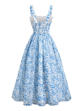 Robe Évasée Col Carré Nuit Étoilée à Nœud Bleue Années 1940 5