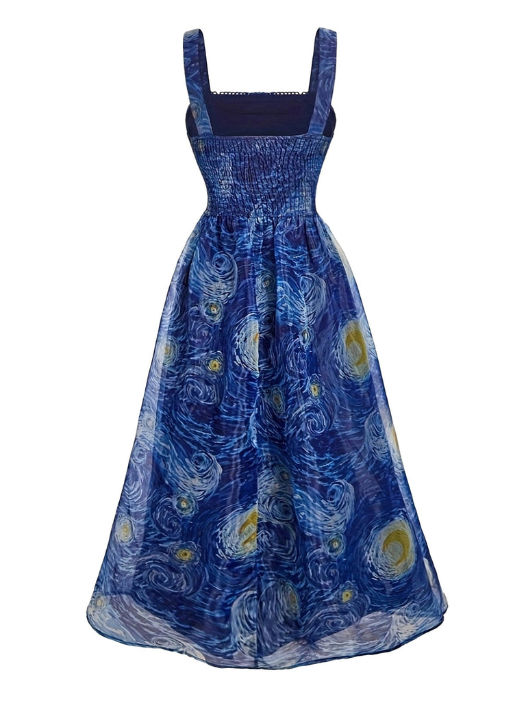 Robe Évasée Col Carré Nuit Étoilée à Nœud Bleue Années 1940 3